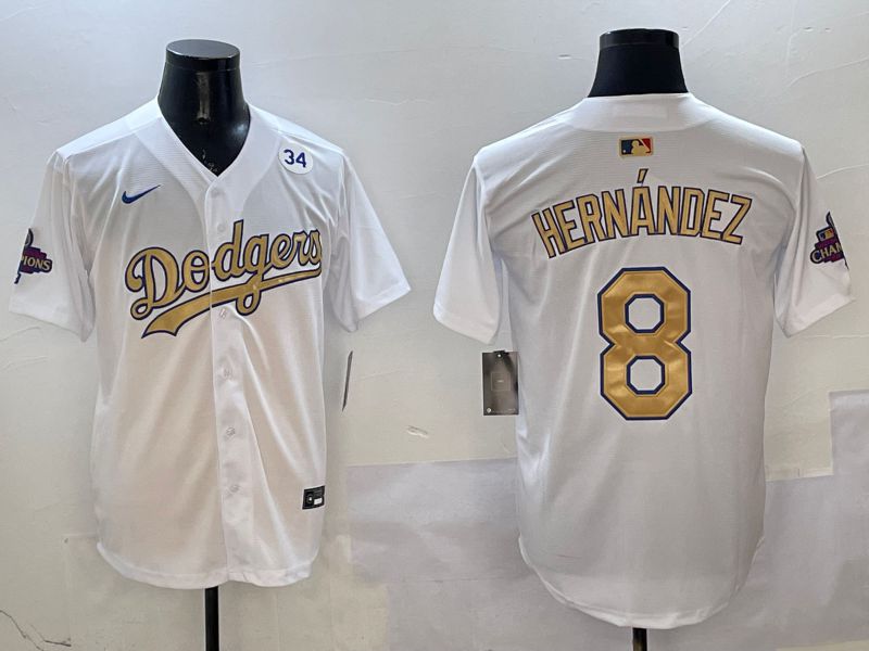 Men Los Angeles Dodgers #8 Hernandez White Champion gold character 2025 Nike MLB Jersey style 9->los angeles dodgers->MLB Jersey